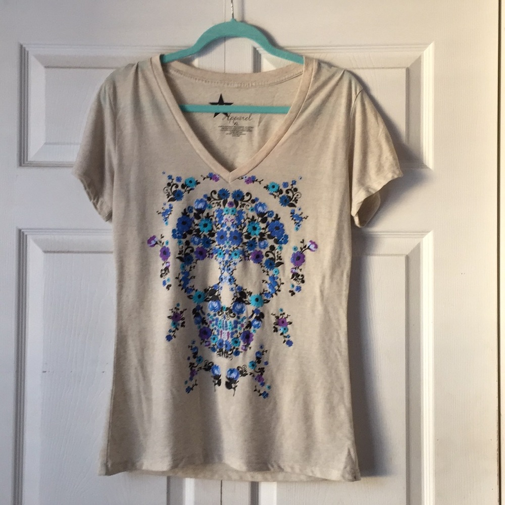 Hybrid Apparel , Tan XL Floral Skull Print T Shirt